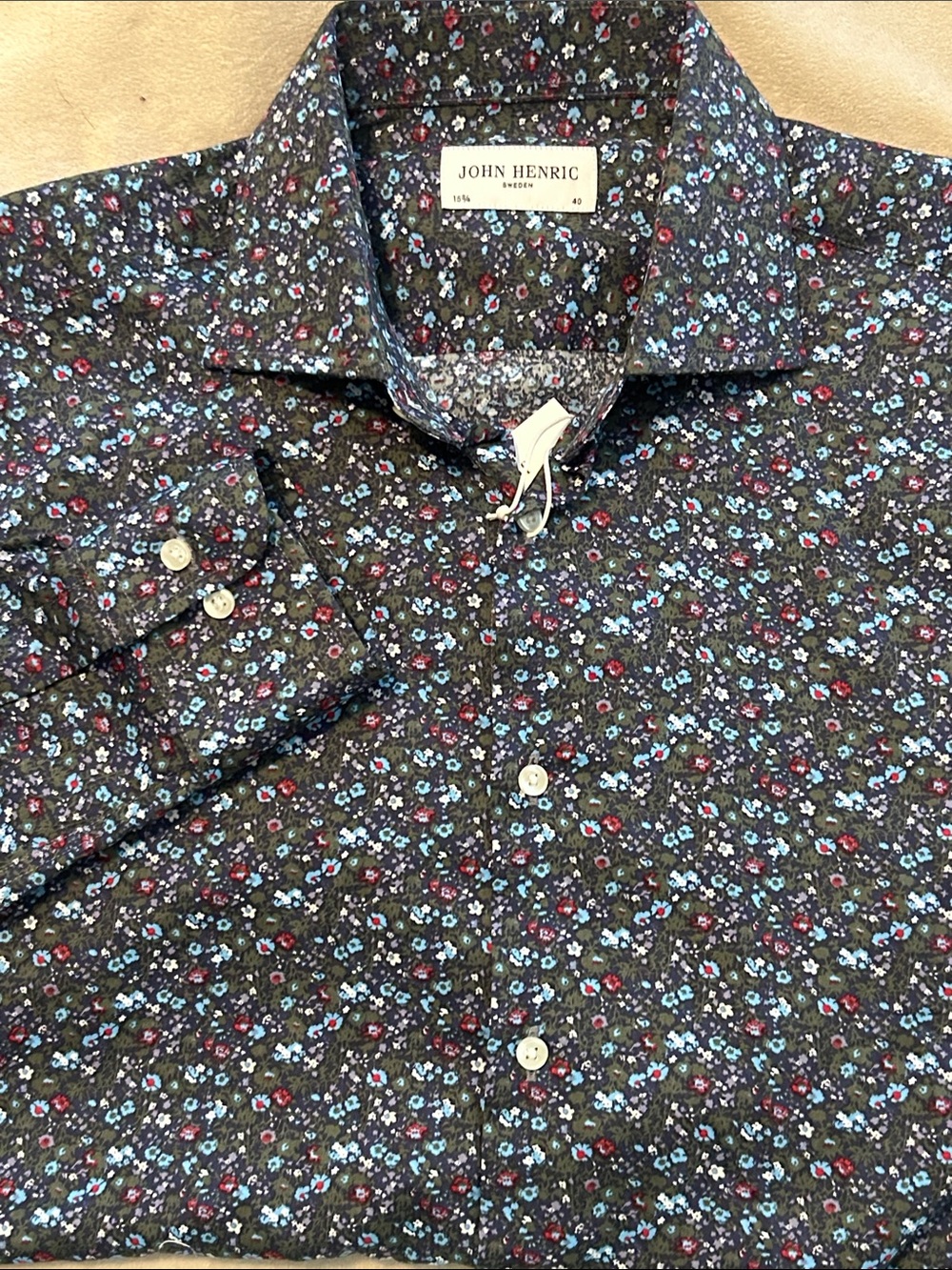 NEW John Henric Sweden Men’s Floral Cotton Dress Shirt Size 15 3/4 40 Luxury L/S